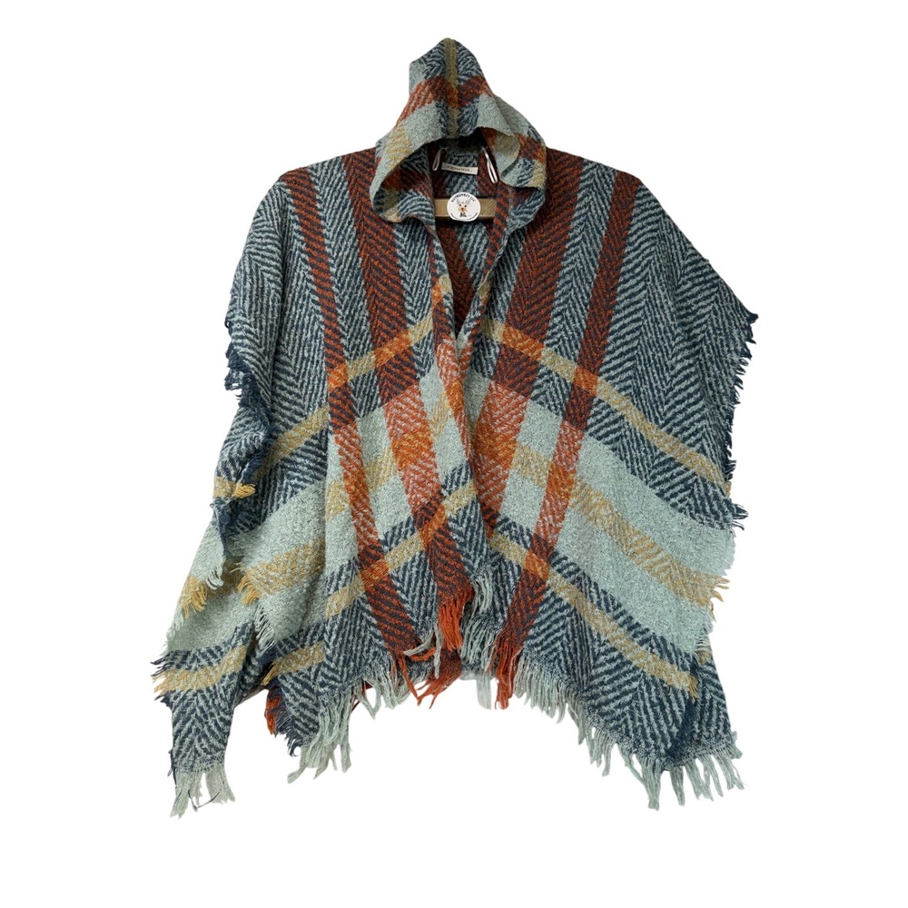 QUAGGA Hooded Poncho Ruana Cape Shawl Fringe‎ Plaid Herringbone Women
